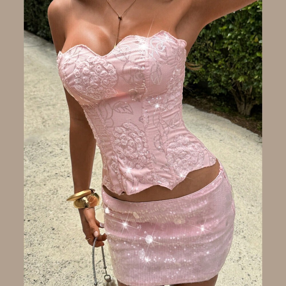 Pink Sequin Floral Corset Top